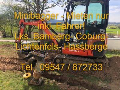 Minibagger mieten Bamberg und Umgebung (nur mit Fahrer)